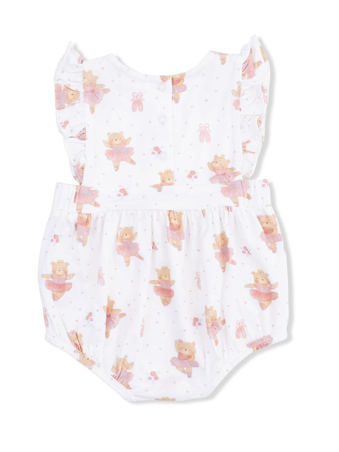 White baby romper with pink teddy bear ballet print and ruffled sleeves. Ideal for playful, stylish outfits.