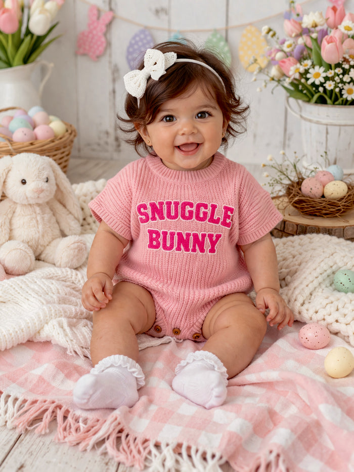 Smiling baby wearing a pink "Snuggle Bunny" outfit, surrounded by flowers, stuffed bunny, and pastel Easter eggs.