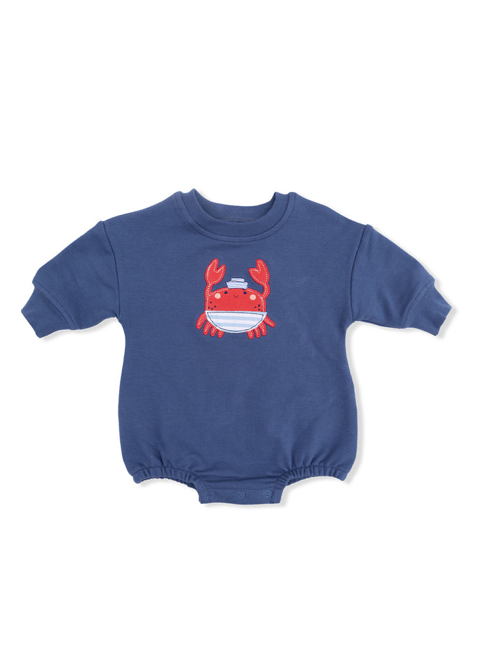 Blue baby onesie featuring a red crab design on the front. Ideal for casual wear.