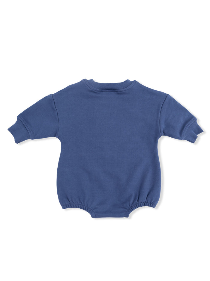 Back view of a blue baby onesie with long sleeves and elasticized leg openings.