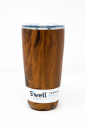 Wooden tumbler with S'well label on a white background