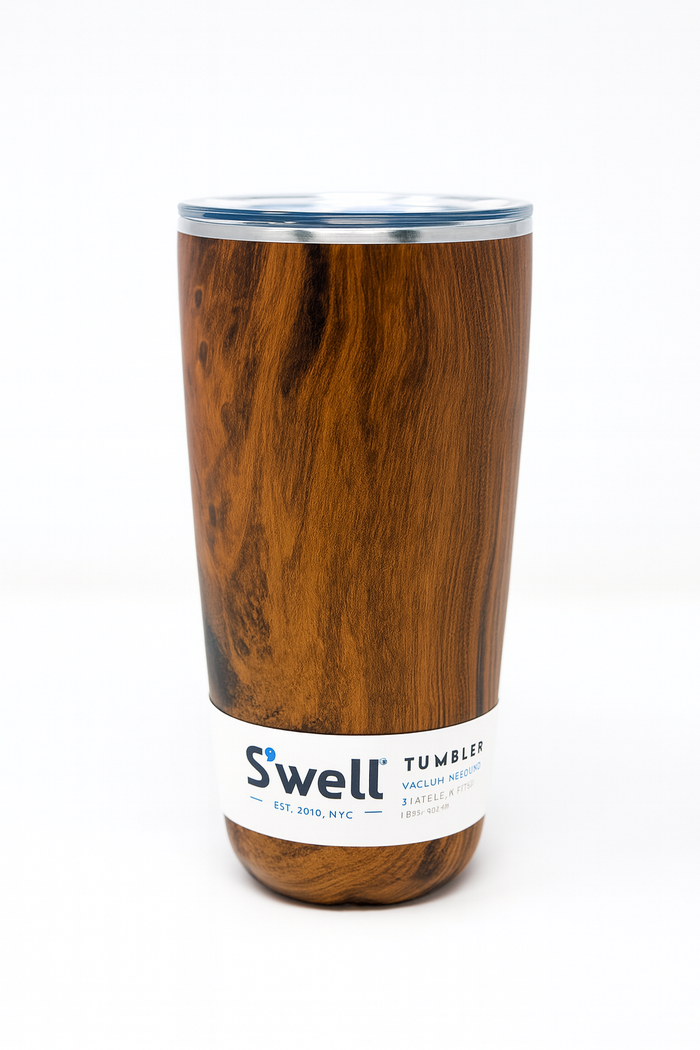 Wooden tumbler with S'well label on a white background