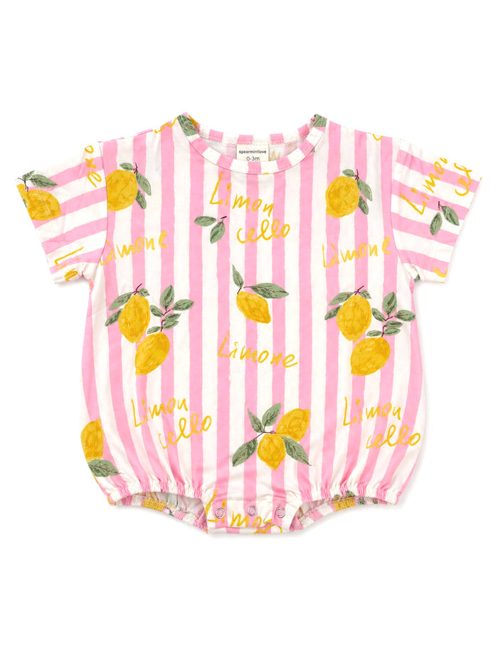 Pink striped baby onesie featuring a lemon print and "Limone" text, designed for infants 0-3 months.