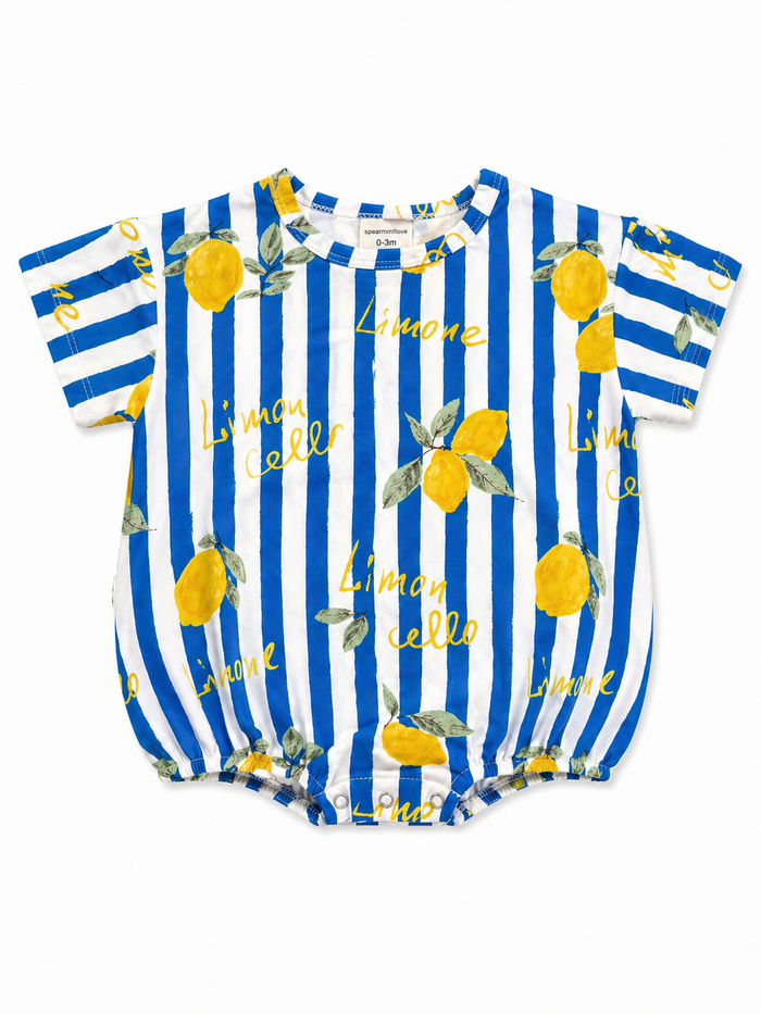 Blue and white striped baby romper with lemon print and "Limoncello" text. Perfect for summer outfits.