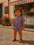 Child in colorful outfit enjoying ice cream in front of a gelateria, surrounded by flowers on a cobblestone street.