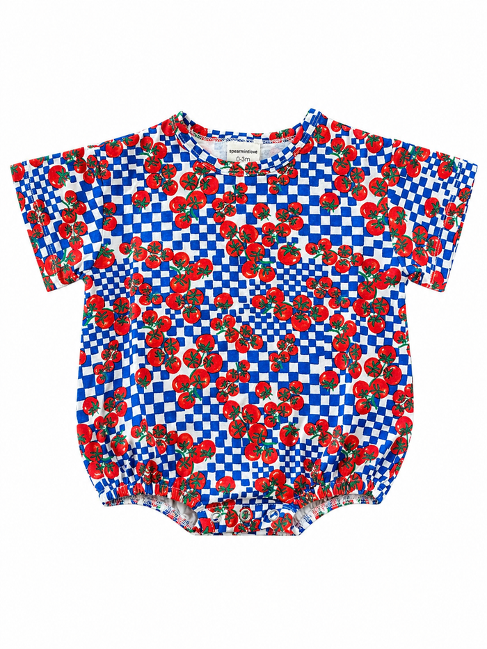 Colorful baby onesie with tomato and blue checkered pattern, featuring short sleeves and snap closure.