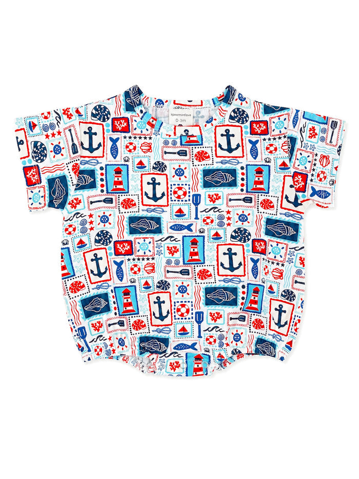 Nautical-themed short-sleeve baby shirt featuring anchors, fish, and lighthouses in red, blue, and white colors.