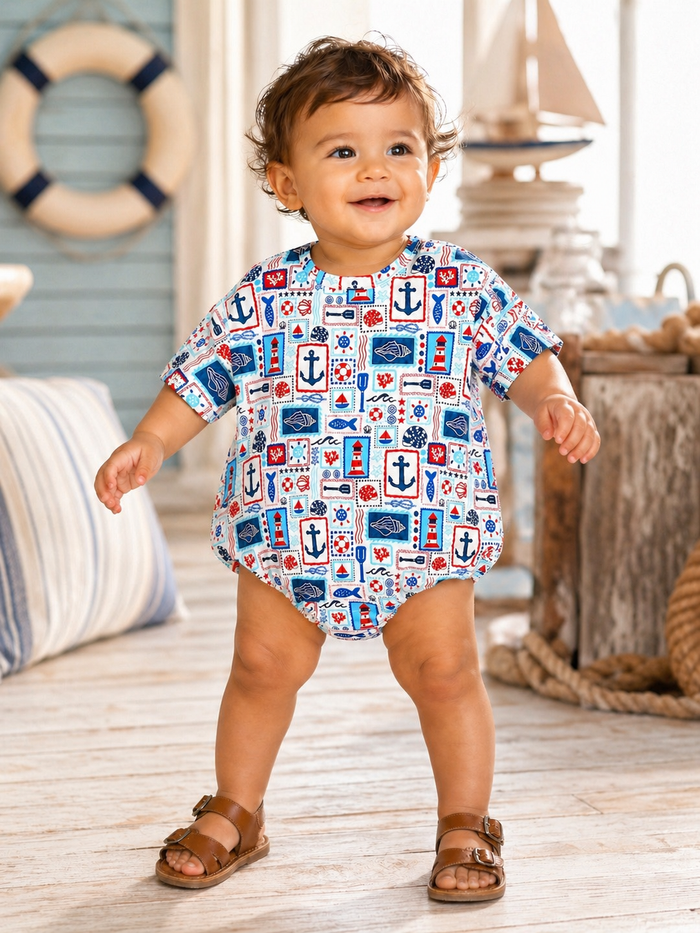 Smiling toddler in a colorful nautical-patterned outfit, standing on a wooden floor with beach-themed decor.