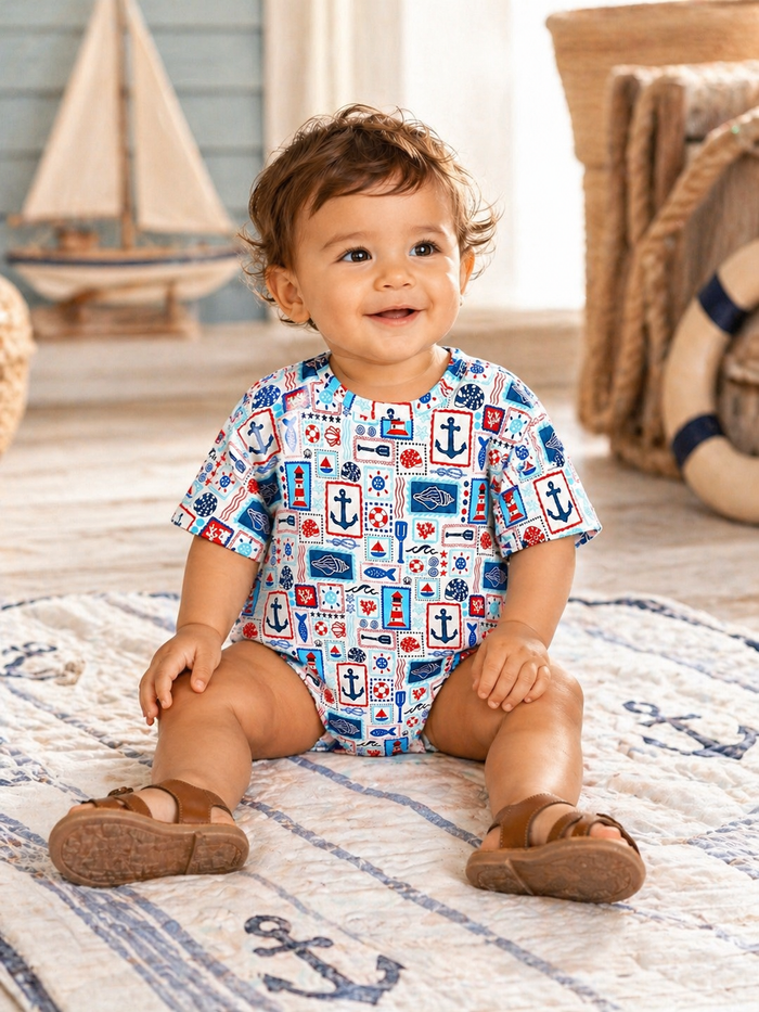 Smiling baby in nautical-themed outfit sitting on a rug, with a sailboat decor in the background.