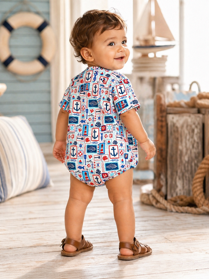 Smiling baby in a colorful nautical outfit, viewing the scene from behind in a bright, beach-themed setting.