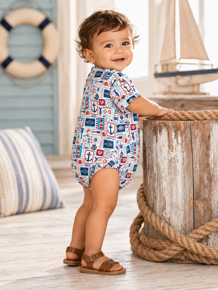 Smiling toddler in a nautical-themed outfit, leaning against a wooden post with a sailboat in the background.