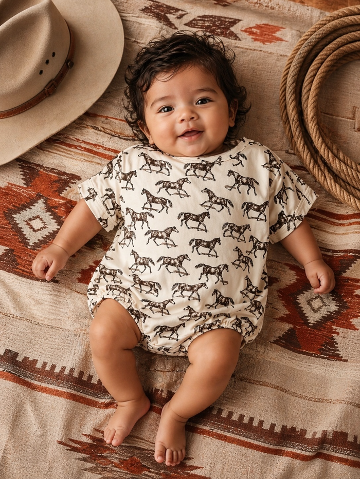 Smiling baby in a horse-printed onesie, lying on a patterned blanket beside a hat and rope.