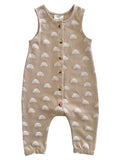 Beige baby romper with white rainbow pattern and buttons down the front. Ideal for toddler outfits.