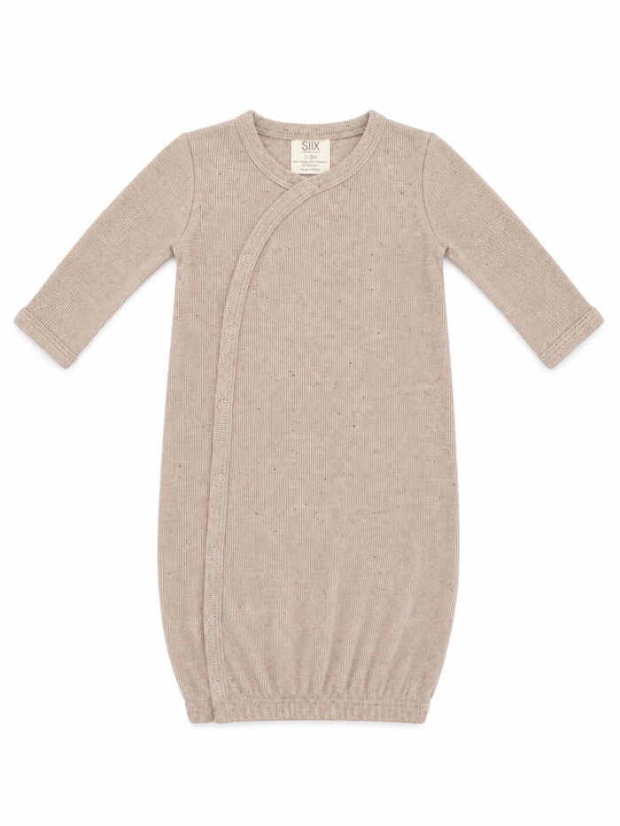 Beige ribbed baby gown with long sleeves and snap-button closure for easy dressing.