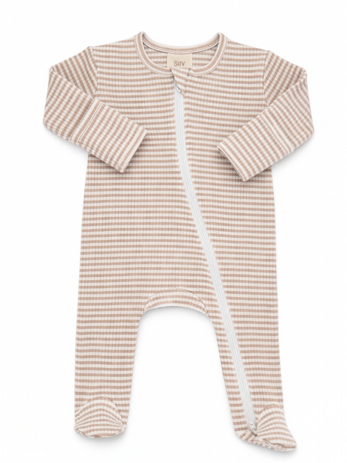 Tan and white striped baby onesie with long sleeves and a front zipper. Soft, cozy fabric for comfort.