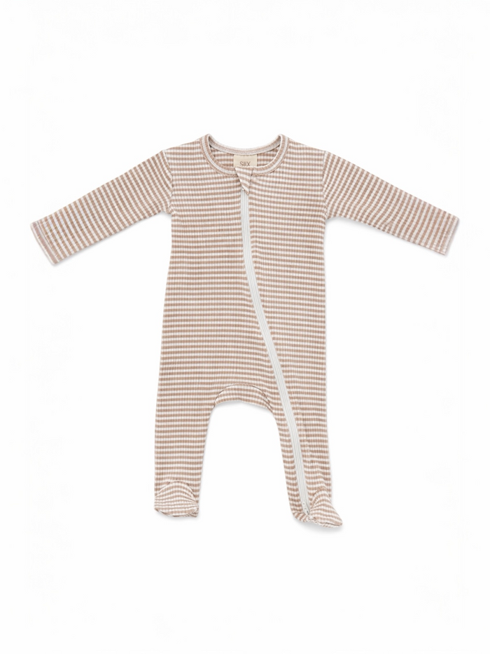 Brown and white gingham baby sleeper with a front zipper and long sleeves.