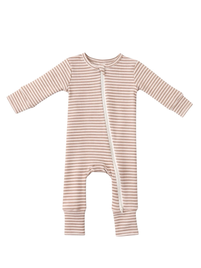 Striped infant romper featuring long sleeves and a front zipper for easy dressing.