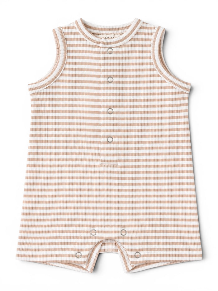 Lightly striped sleeveless romper in beige and cream, featuring snap closures at the bottom.