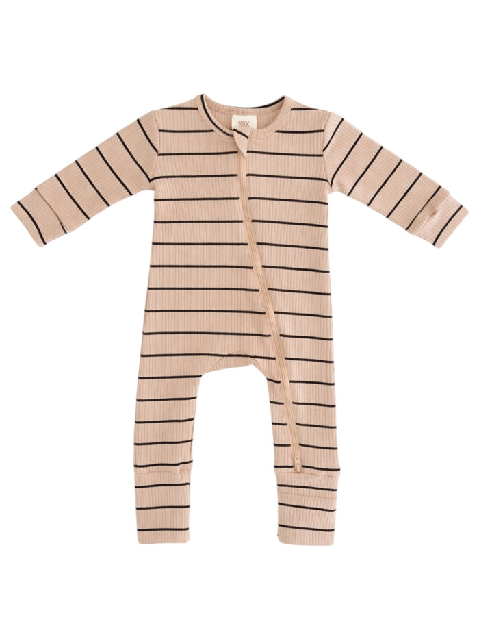 Beige striped baby onesie with long sleeves and a front zipper. Ideal for comfort and style.