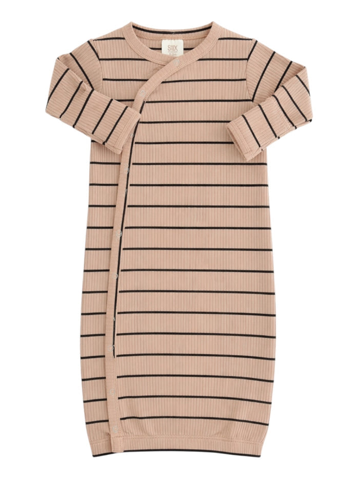 Light pink ribbed baby dress with black stripes and a side snap closure. Ideal for infants and toddlers.