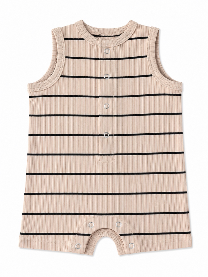 Light beige infant romper with black stripes and snap button closures, sleeveless design.