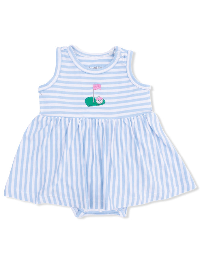 Blue and white striped baby dress with golf-themed embroidery on the front.