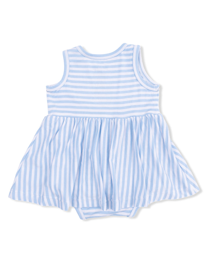 Light blue striped sleeveless dress with a flared skirt, designed for infants.