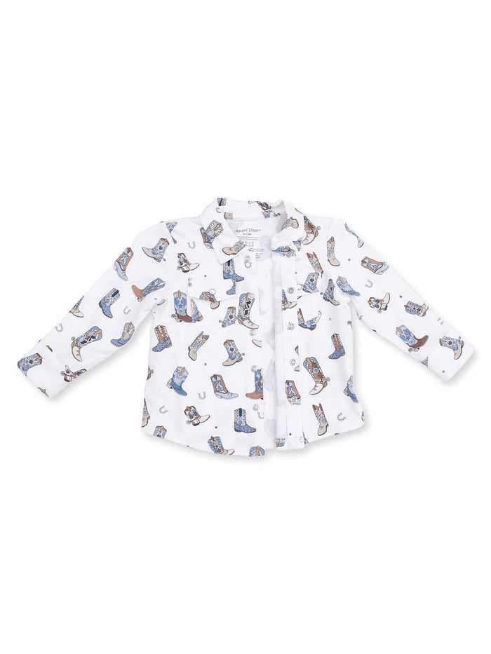 White long-sleeve shirt with colorful cowboy boots and accessories pattern. Perfect for casual wear.
