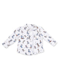 White long-sleeve shirt with colorful cowboy boots and accessories pattern. Perfect for casual wear.