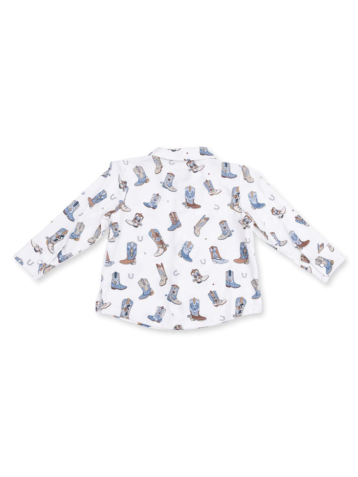 Back view of a white shirt featuring a pattern of boots and western-themed designs.