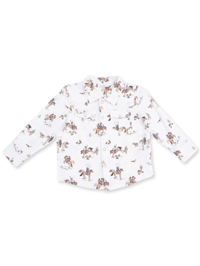 White long-sleeve shirt with a colorful cowboy and cactus pattern. Suitable for kids’ casual wear.