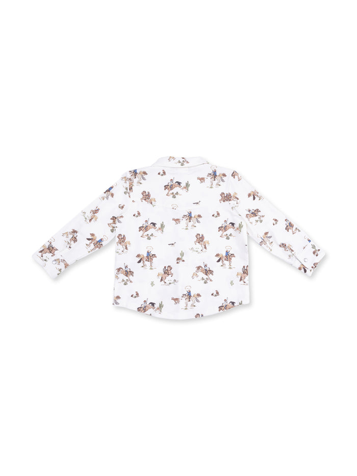 White long-sleeve shirt with colorful cowboy and horse prints on the back.
