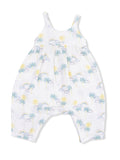 Lightweight baby romper with colorful palm tree, sun, and rainbow print on a white background. Ideal for warm weather.