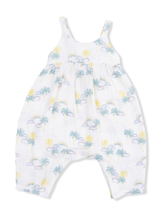 Lightweight baby romper with colorful palm tree, sun, and rainbow print on a white background. Ideal for warm weather.