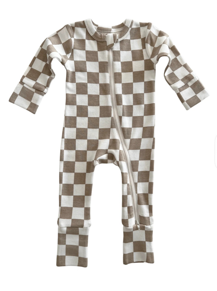 Brown and white checked infant sleeper with long sleeves and a front zipper closure.