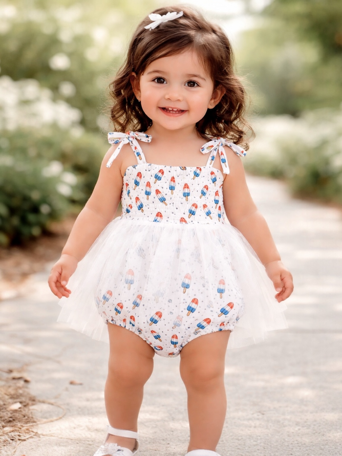 Smiling toddler in a patterned romper with tulle, standing on a pathway surrounded by greenery.