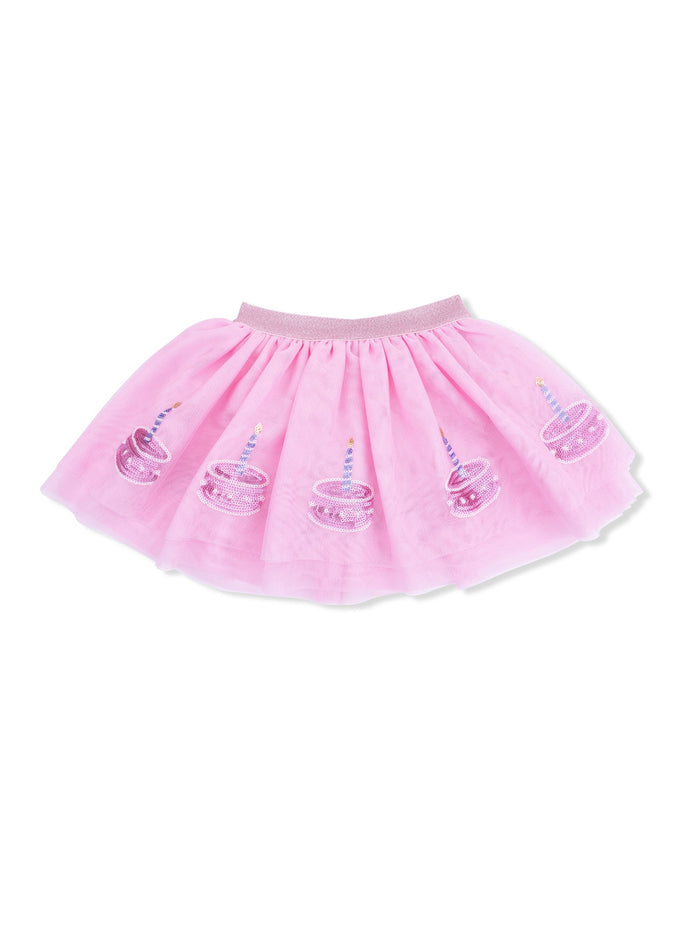 Pink tutu skirt with cake and candle designs, featuring a stretchy waistband for comfort.