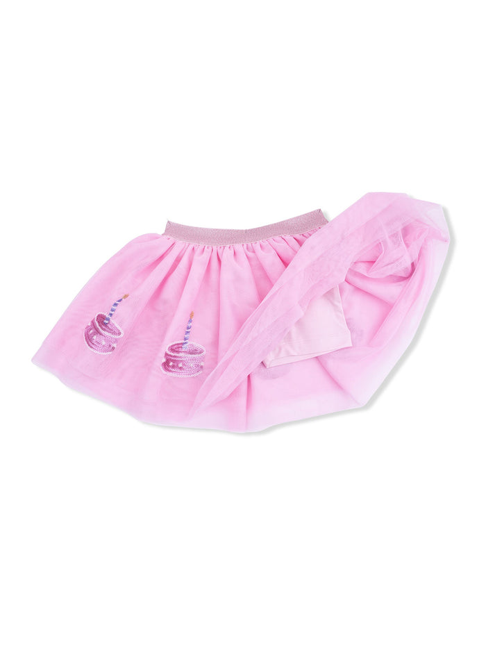 Pink tulle skirt with embroidered cupcake designs, featuring a soft elastic waistband.
