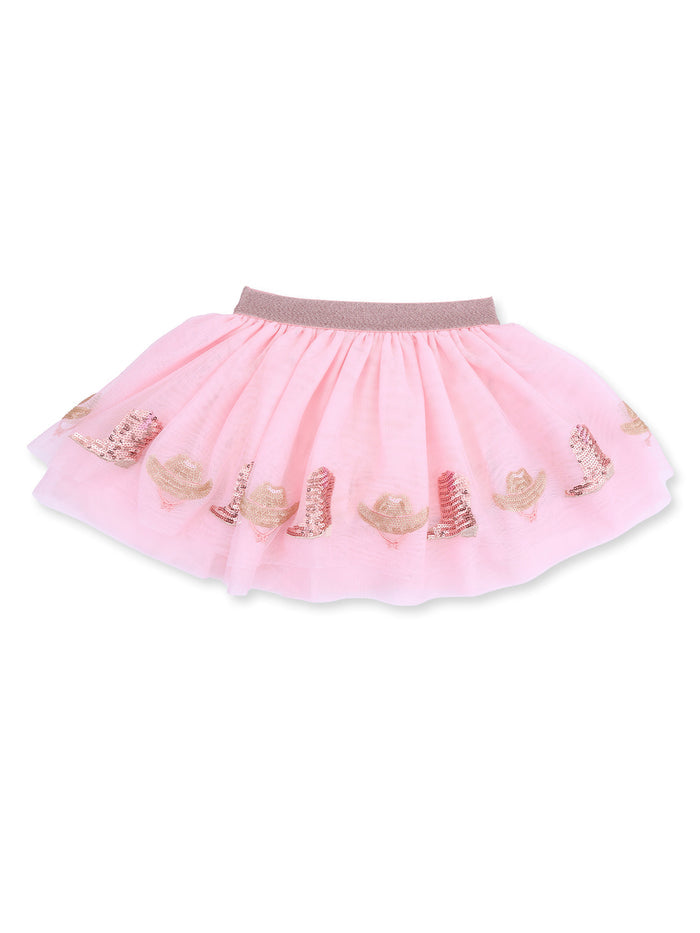 Pink tulle skirt with a gold and pink cowboy boot and hat design along the hem, featuring an elastic waistband.