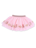 Pink tulle skirt with a gold and pink cowboy boot and hat design along the hem, featuring an elastic waistband.