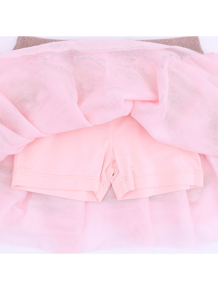 Light pink toddler dress with a mesh overlay and matching pink shorts underneath.
