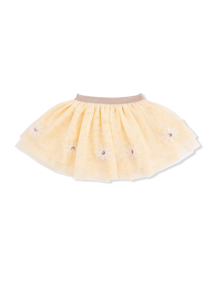 Yellow tulle skirt with floral embroidery, featuring a soft waistband. Ideal for girls' fashion.