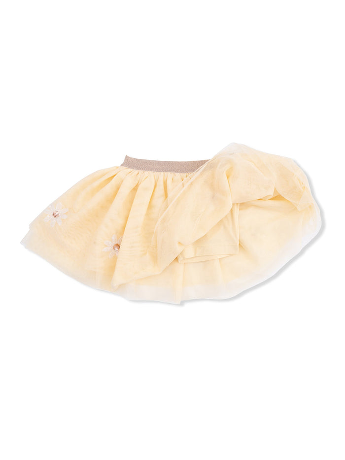 Light yellow skirt with floral embroidery and a soft, layered design. Ideal for playful, stylish outfits.
