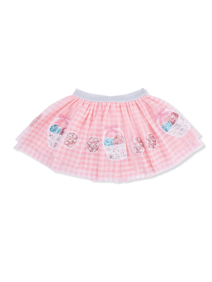 Pink tulle skirt with a gingham pattern and decorative Easter basket print. Perfect for festive occasions.