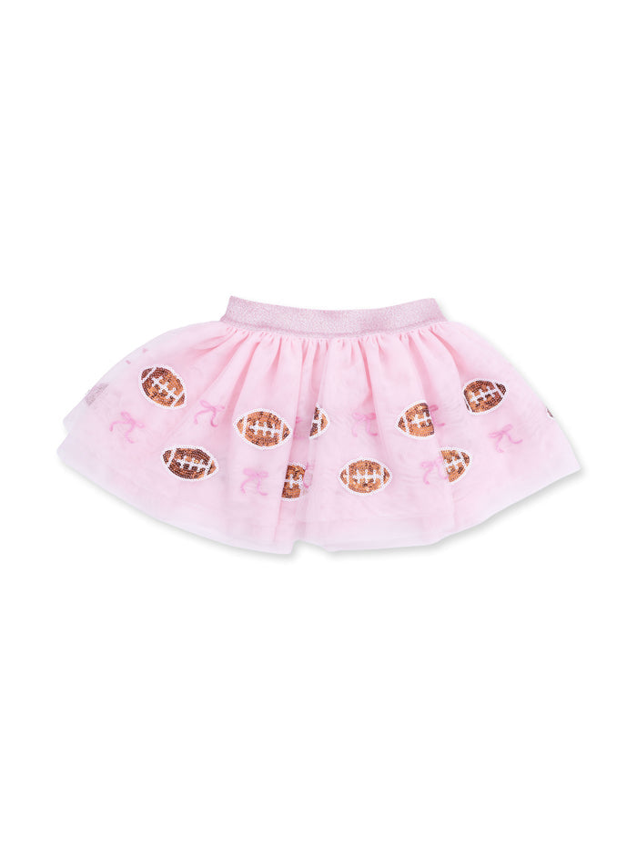 Pink tutu skirt with football and ribbon patterns, ideal for playful and sporty occasions.