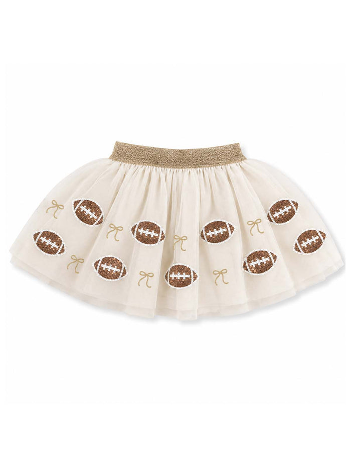 Cream-colored tutu skirt with football patterns and gold bows along the hem. Perfect for sports-themed occasions.