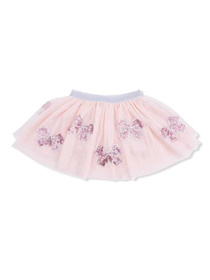 Pink tutu skirt with shiny pink bow embellishments and elastic waistband. Perfect for dress-up or special occasions.