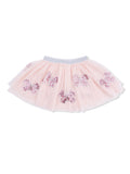 Pink tutu skirt with shiny pink bow embellishments and elastic waistband. Perfect for dress-up or special occasions.