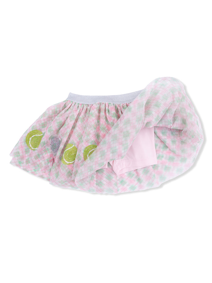 Pink plaid skirt with green tennis ball designs, featuring a soft elastic waistband.