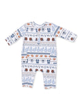 Baby romper with playful sports-themed print, featuring helmets, jerseys, and footballs in blue and brown colors.